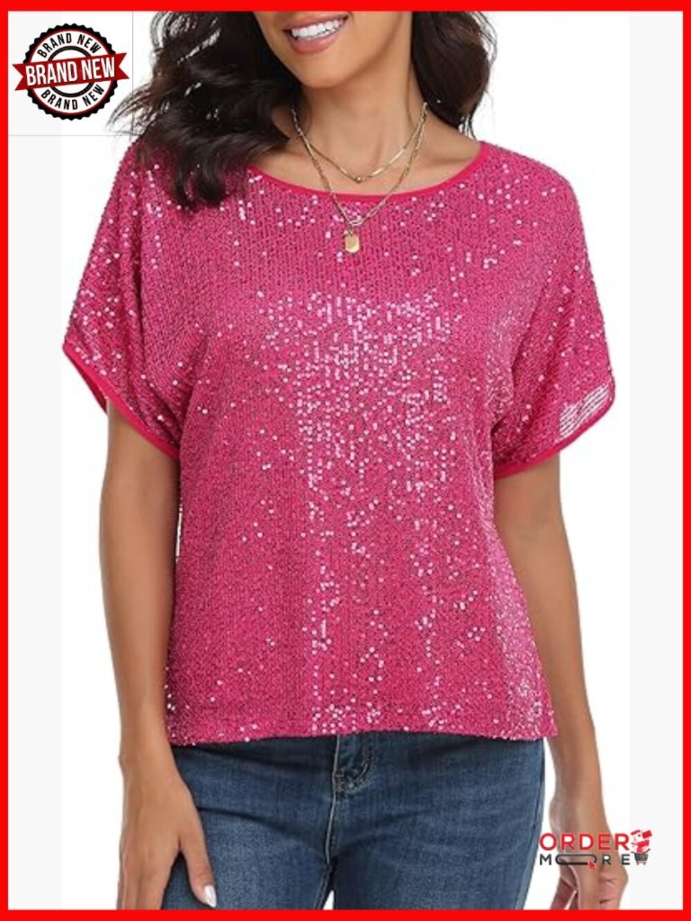 Sparkly Sequin Top Batwing Sleeve Dressy Blouse Party Shirt Tunic